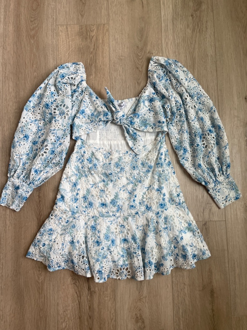 En Saison Claire Eyelet Mini Dress Puff Sleeve Blue White S - Picture 3 of 10